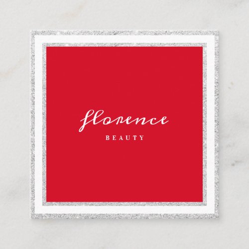 Luxe silver glitter frame bright red and white square business card