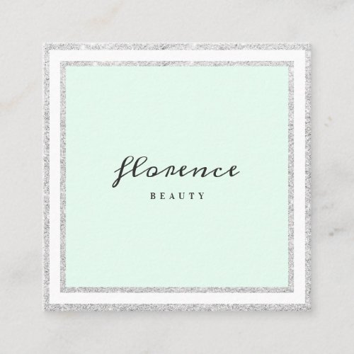 Luxe silver glitter frame mint green and white square business card