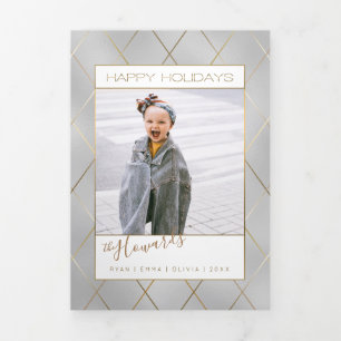 Luxe Silver w/Sleek Diagonal Gold Lines Photo Tri-Fold Holiday Card