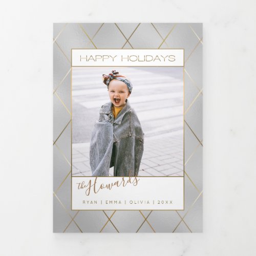 Luxe Silver wSleek Diagonal Gold Lines Photo Tri_Fold Holiday Card