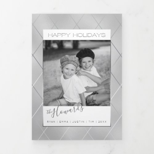 Luxe Silver wSleek Diagonal Silver Lines Photo Tri_Fold Holiday Card
