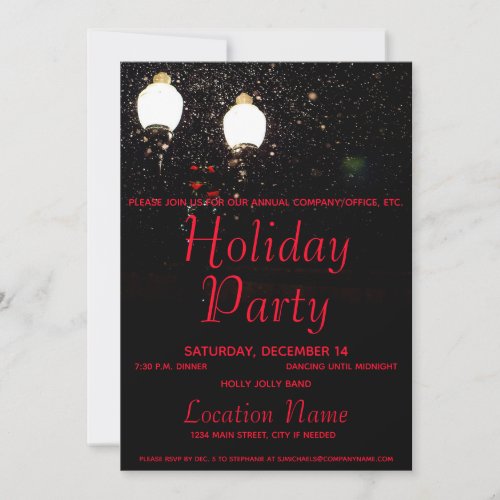 Luxe Snow Lights Black Red Corporate Holiday Party Invitation