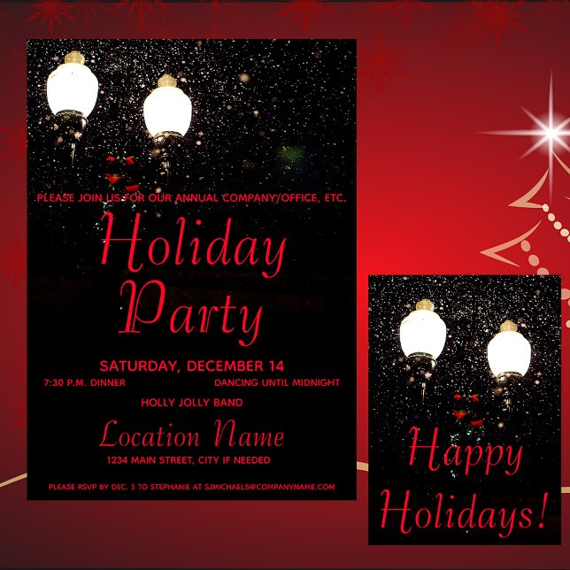 Luxe Snow Lights Black Red Corporate Holiday Party Invitation (Creator Uploaded)