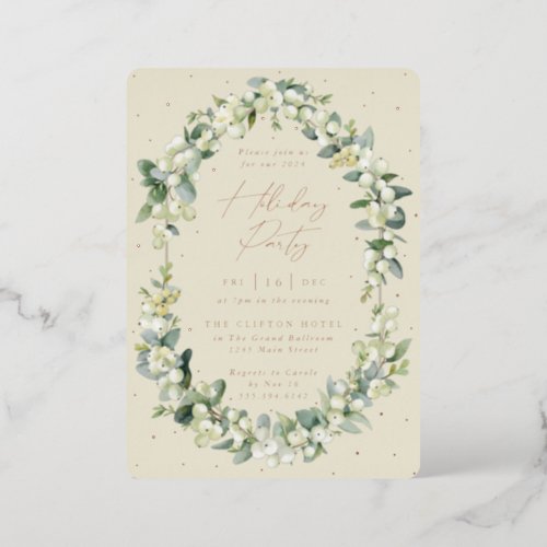 Luxe SnowberryEucalyptus Frame Holiday Party Foil Invitation