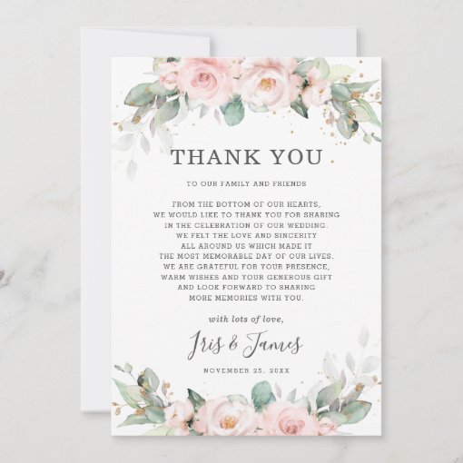 Luxe Soft Hued Blush Pink Floral Greenery Wedding Thank You Card | Zazzle