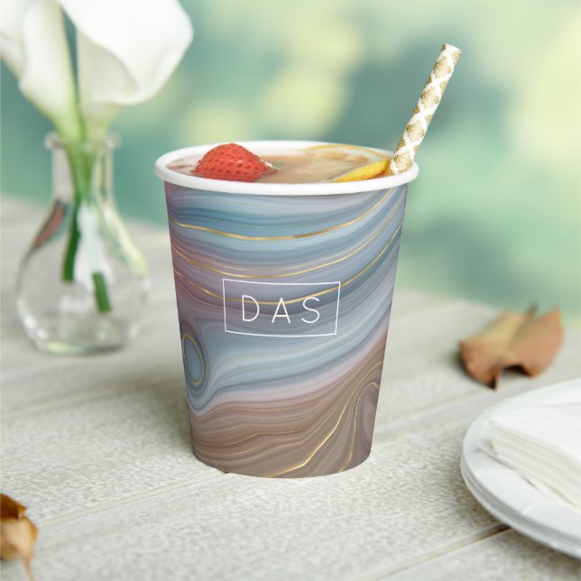 Luxe Strata | Slate Blue Taupe Pink Agate Monogram Paper Cups (Insitu)