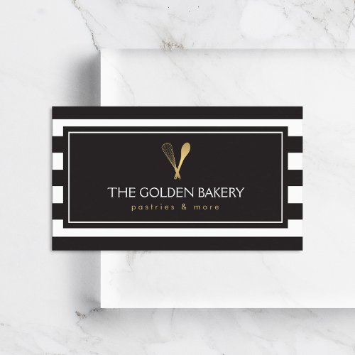 Luxe Striped Gold Whisk Spoon Logo Bakery Chef Business Card