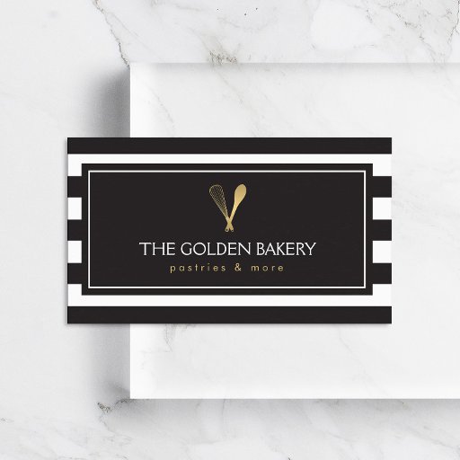 Customizable Luxe Striped Gold Whisk Spoon Logo Bakery, Chef Business Card