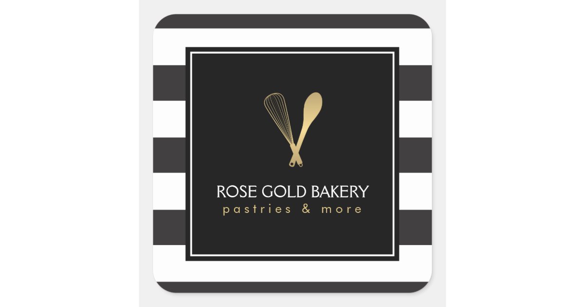 Luxe Striped Gold Whisk Spoon Logo Bakery, Chef Square Sticker | Zazzle
