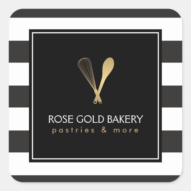 Luxe Striped Gold Whisk Spoon Logo Bakery, Chef Square Sticker (Front)
