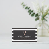 Luxe Striped Rose Gold Whisk Spoon Logo Bakery Business Card (Standing Front)
