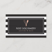 Luxe Striped Rose Gold Whisk Spoon Logo Bakery Business Card (Front)