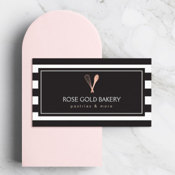 Luxe Striped Rose Gold Whisk Spoon Logo Bakery Business Card by 1201am at Zazzle