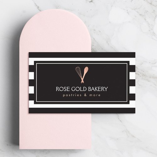 Luxe Striped Rose Gold Whisk Spoon Logo Bakery Business Card