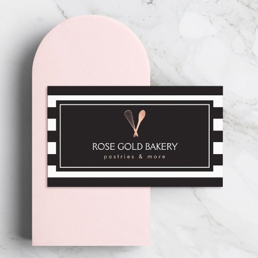Customizable Luxe Striped Rose Gold Whisk Spoon Logo Bakery Business Card