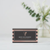 Luxe Striped Rose Gold Whisk Spoon Logo Bakery II Business Card (Standing Front)