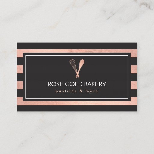 Customizable Luxe Striped Rose Gold Whisk Spoon Logo Bakery II Business Card