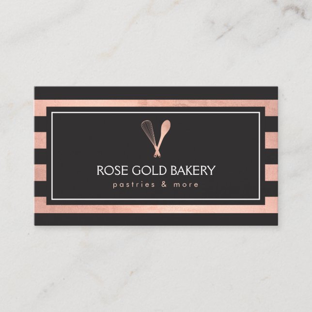 Luxe Striped Rose Gold Whisk Spoon Logo Bakery II Business Card (Front)