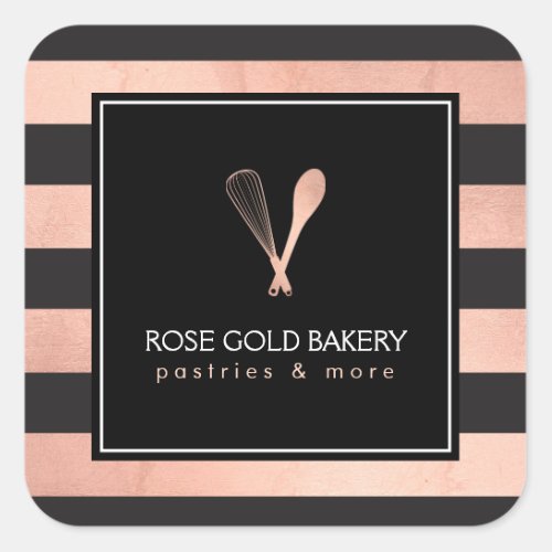 Luxe Striped Rose Gold Whisk Spoon Logo Bakery II Square Sticker
