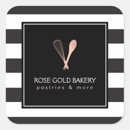 Luxe Striped Rose Gold Whisk Spoon Logo Bakery Square Sticker