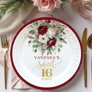 Luxe Sweet 16 Blush Burgundy Gold Party Plates