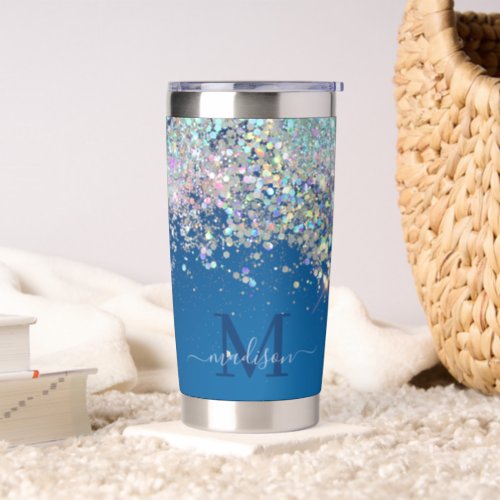 Luxe Teal Blue Holographic Silver Glitter Monogram Insulated Tumbler