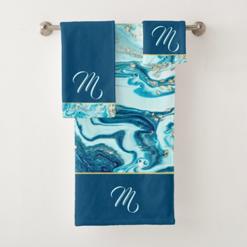 Luxe Teal Ocean Blue Gold Marble Monogram Name Bath Towel Set
