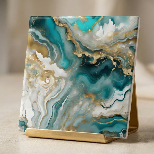 Luxe Teal Turquoise & Gold Agate Marble Fluid Art Ceramic Tile (Creator Uploaded)