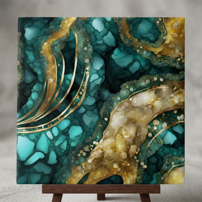 Luxe Teal Turquoise Liquid Gold Marble Agate Geode Ceramic Tile (Creator Uploaded)