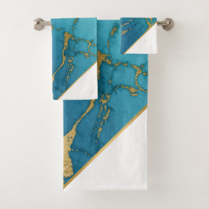 LUXE TEAL WHITE MARBLE GOLD BATH TOWEL SET