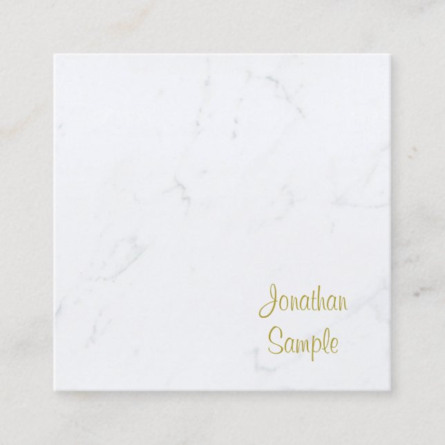 Luxe Template Modern White Marble Gold Text Square Business Card (Front)