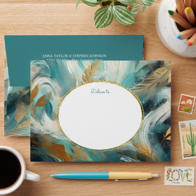 Luxe Turquoise Gold Brushstrokes Envelope (Desk)