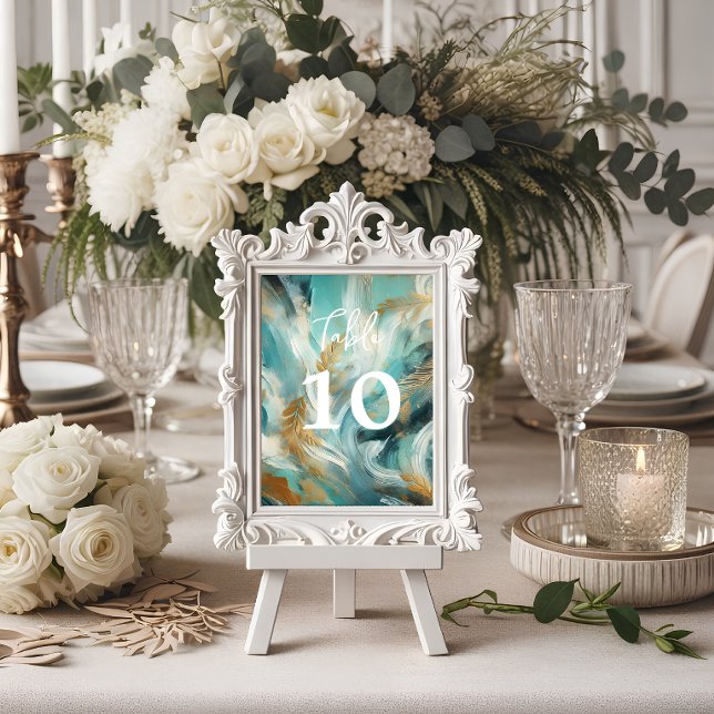Luxe Turquoise Gold Brushstrokes Table Number (Creator Uploaded)