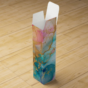 Luxe Watercolor Pink Blue and Gold Abstract Wine Box