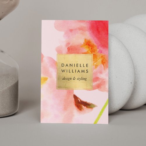 Luxe Watercolor Pink Florals with Faux Gold Frame Business Card