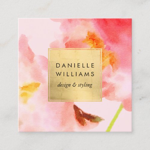 Luxe Watercolor Pink Florals with Faux Gold Frame Square Business Card