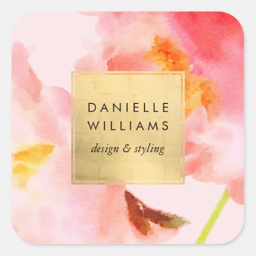 Luxe Watercolor Pink Florals with Faux Gold Frame Square Sticker