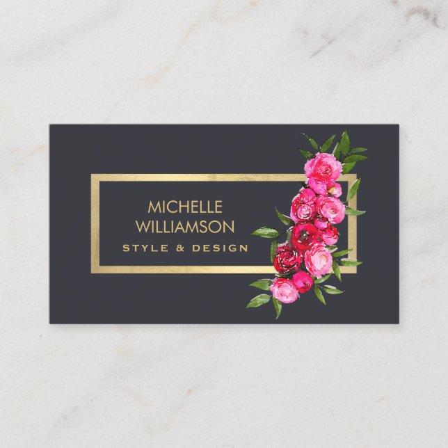 Luxe Watercolor Roses Gold/Gray Business Card (Front)