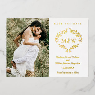 Luxe Wedding Crest Monogram Wreath Custom Photo Foil Invitation