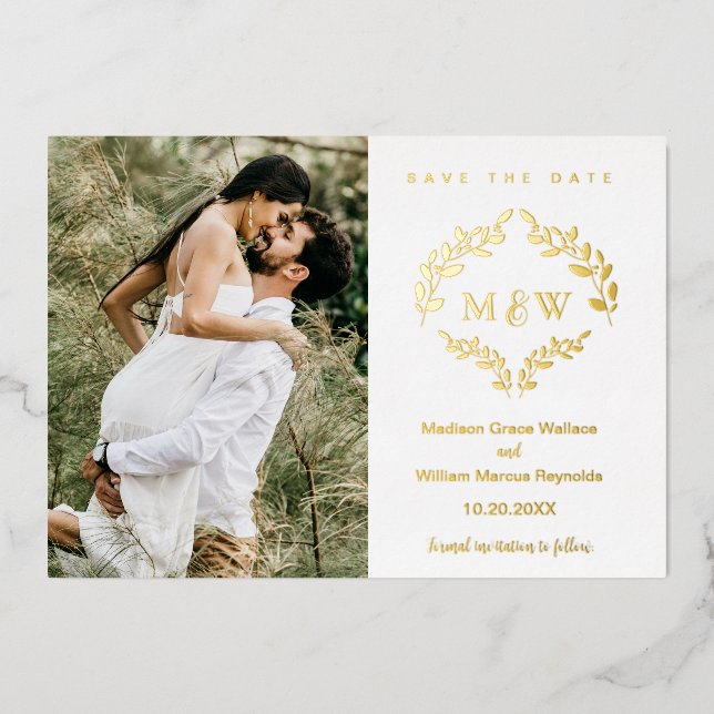 Luxe Wedding Crest Monogram Wreath Custom  Photo Foil Invitation (Front)