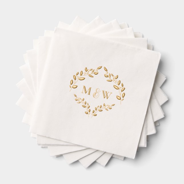 Luxe Wedding Gold foil leaf Monogram Crest Foil Napkins (Insitu (Stacked))