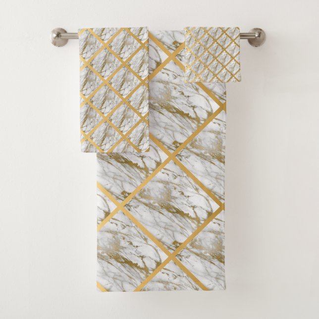 LUXE WHITE MARBLE GOLD GRID BATH TOWEL SET (Insitu)