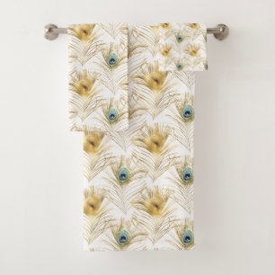 LUXE WHITE PEACOCK FEATHER TOWEL SET