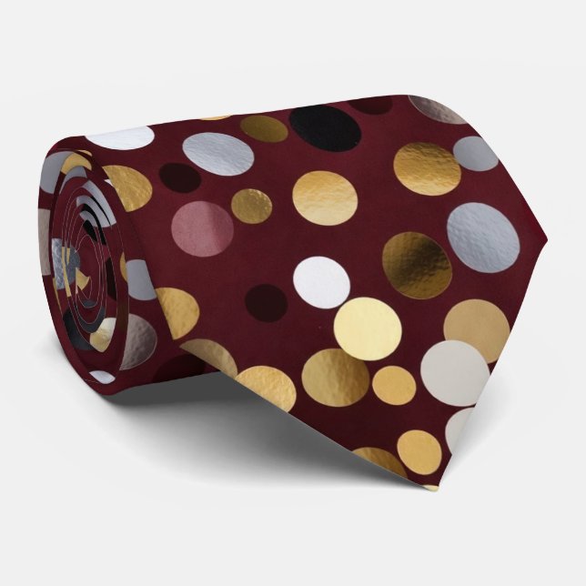  Luxe Wine Red with Gold & Silver Dot  Neck Tie (Rolled)