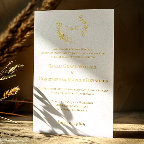  Luxe Wreath Monogram White Gold Elegant Wedding  Foil Invitation