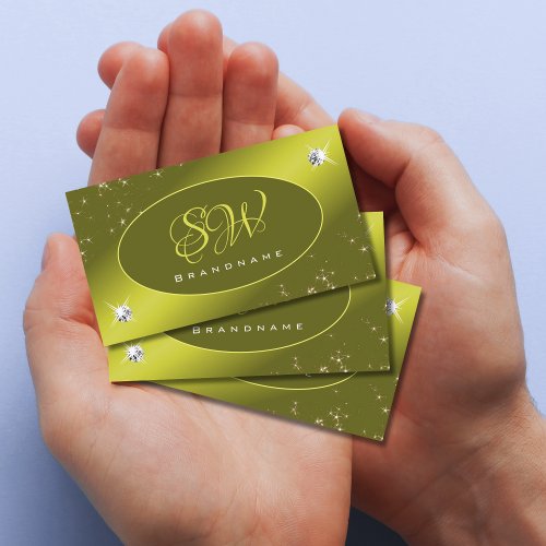 Luxe Yellow Mustard Glitter Stars Jewels Initials Business Card