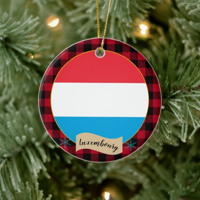 Luxembourg Flag, Red buffalo plaid, patriotic Ceramic Ornament (Tree)