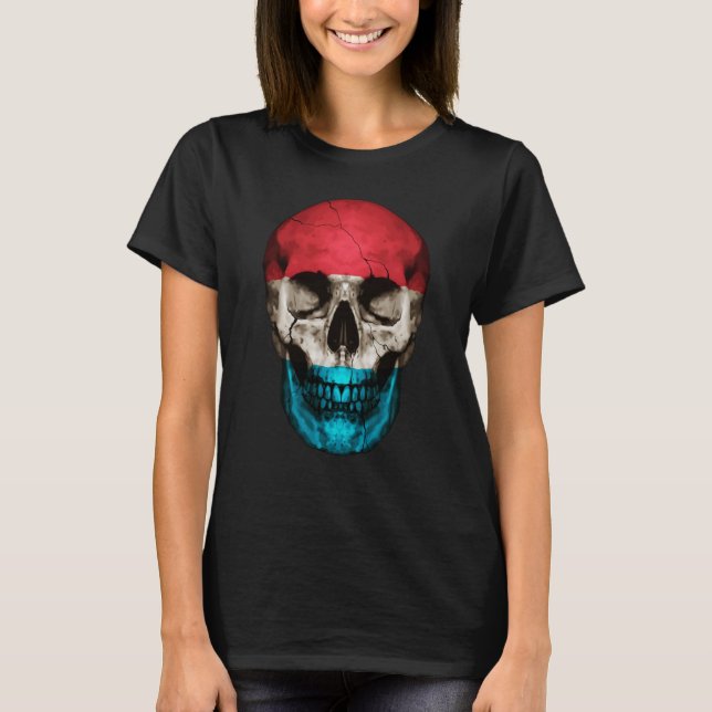 Luxembourg Flag Skull Luxembourger Roots Proud Pat T-Shirt (Front)