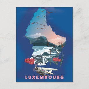 Luxembourg Map illustrated travel poster. Postcard
