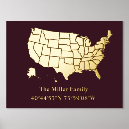 luxery gold US map longitude latitude home real Foil Prints
